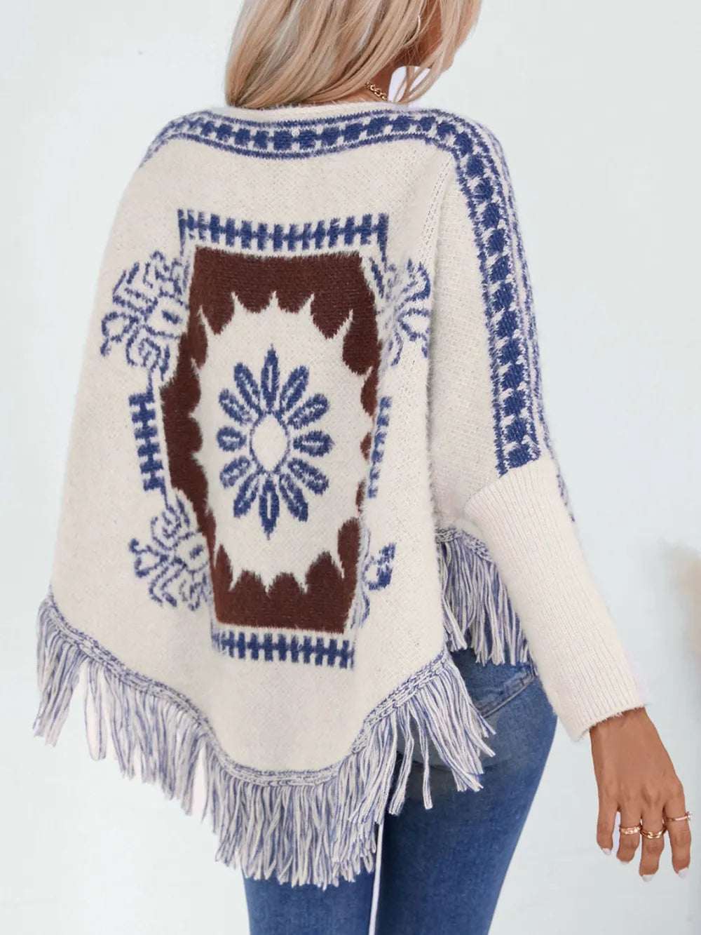 Fringe Geometric Long Sleeve Poncho | Cute Chic Streetwear by same ANTHEM