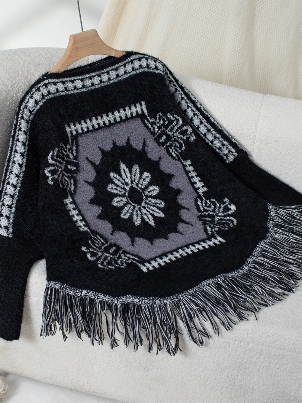 Fringe Geometric Long Sleeve Poncho | Cute Chic Streetwear by same ANTHEM