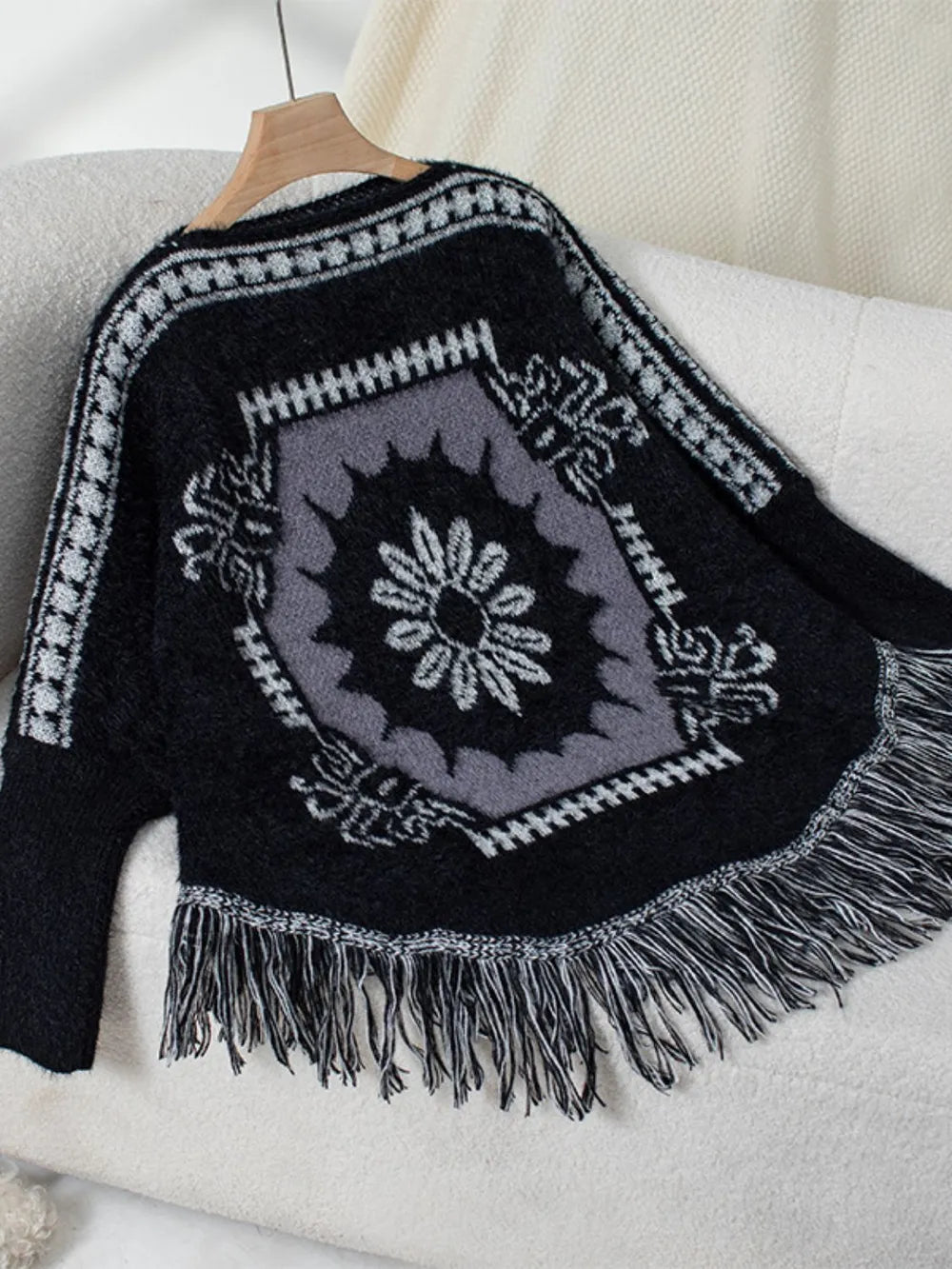 Fringe Geometric Long Sleeve Poncho | Cute Chic Streetwear by same ANTHEM - Black / One Size