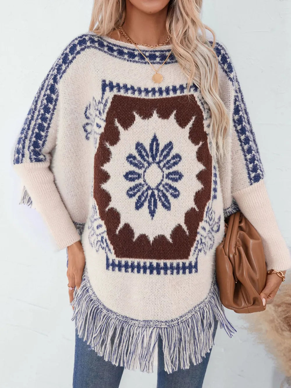 Fringe Geometric Long Sleeve Poncho | Cute Chic Streetwear by same ANTHEM
