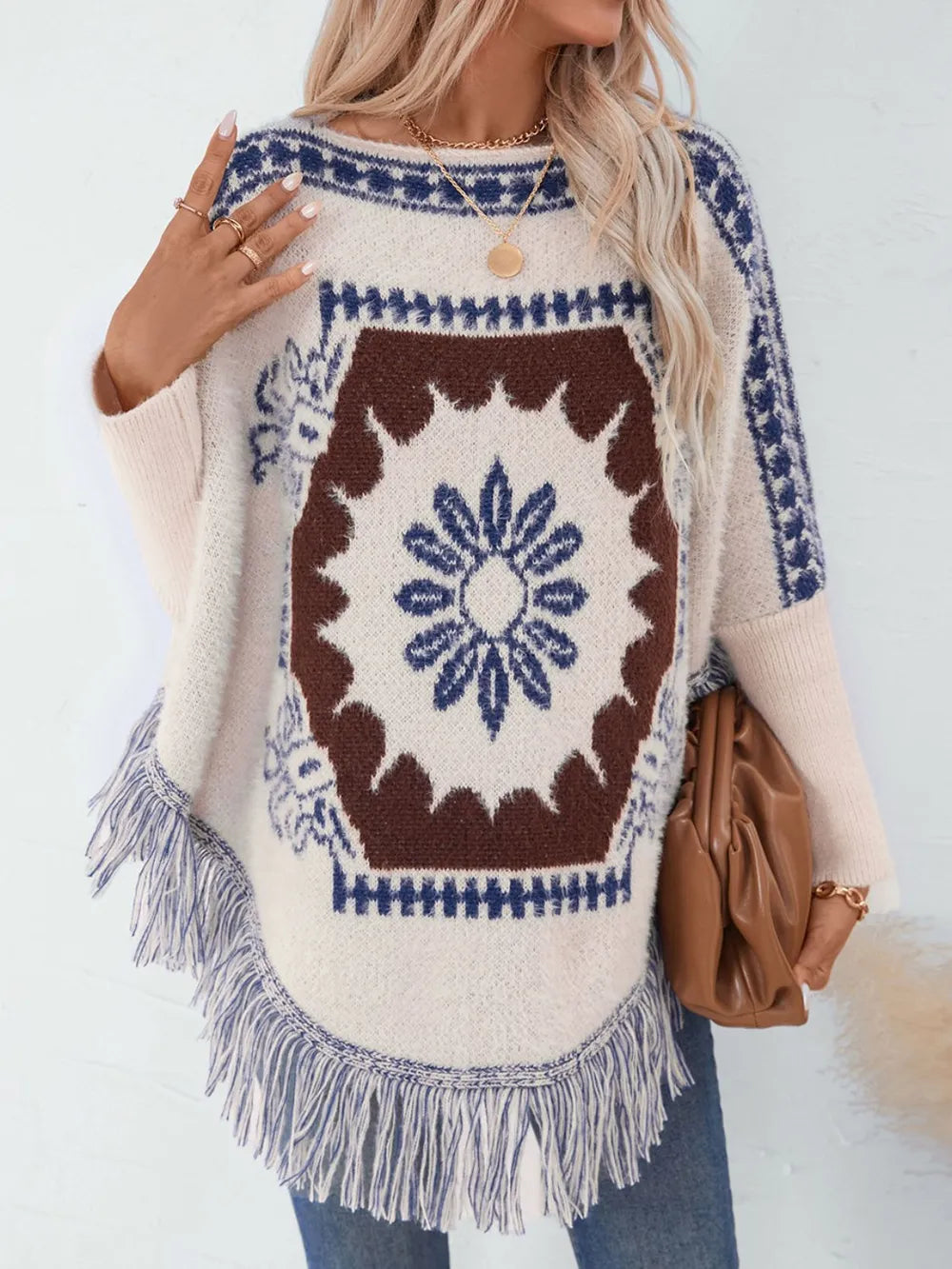 Fringe Geometric Long Sleeve Poncho | Cute Chic Streetwear by same ANTHEM