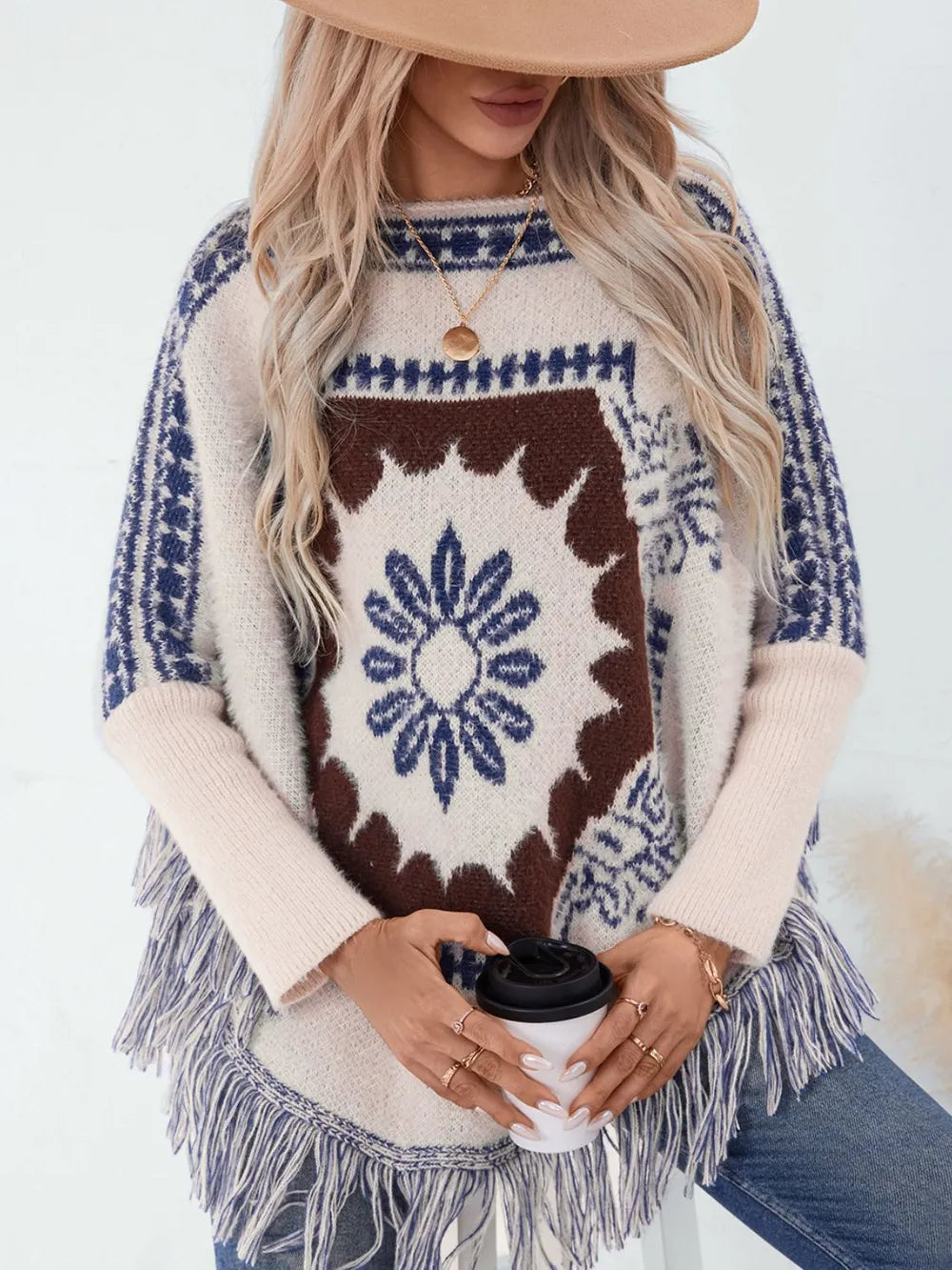 Fringe Geometric Long Sleeve Poncho | Cute Chic Streetwear by same ANTHEM - Cream / One Size