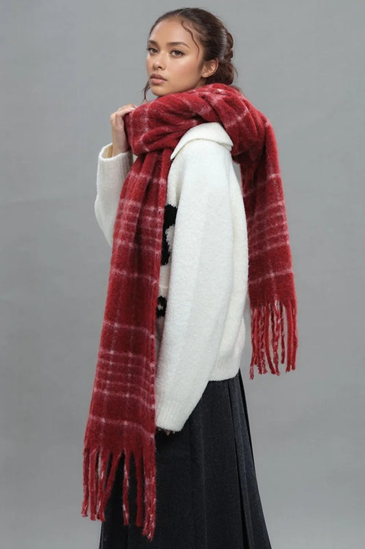 Fringe Plaid Thermal Scarf – Soft Streetwear Layer | same ANTHEM. - Deep Red / One Size