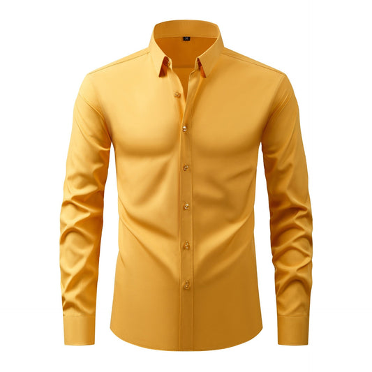 A male model wearing a long-sleeved yellow button-up shirt.