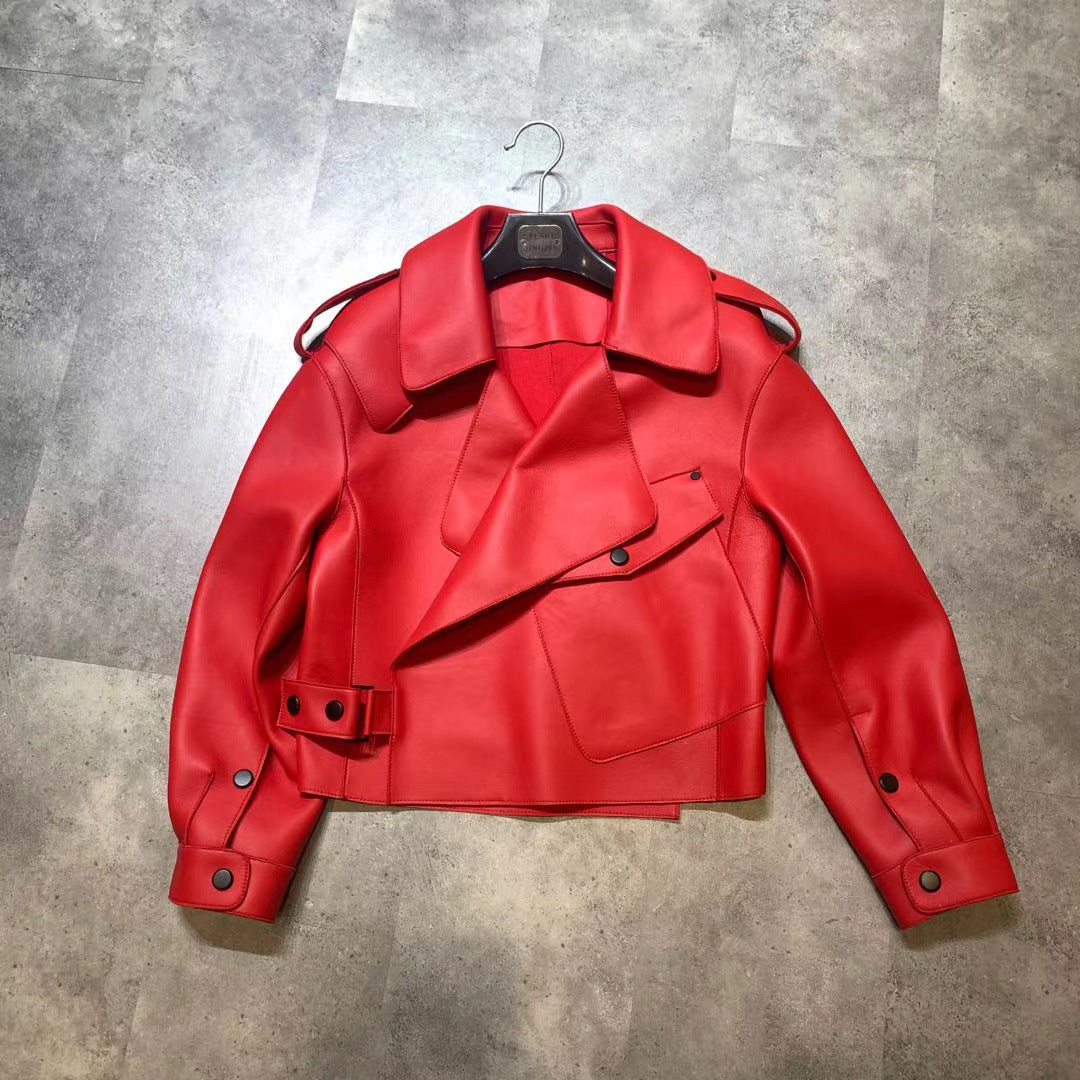 New Genuine Leather Clothes Women’s Jacket Sheepskin Loose-fitting Short Coat - Red / L - Bag