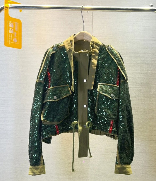 Glitter Sequined Bomber Coat | same ANTHEM® - green / only size