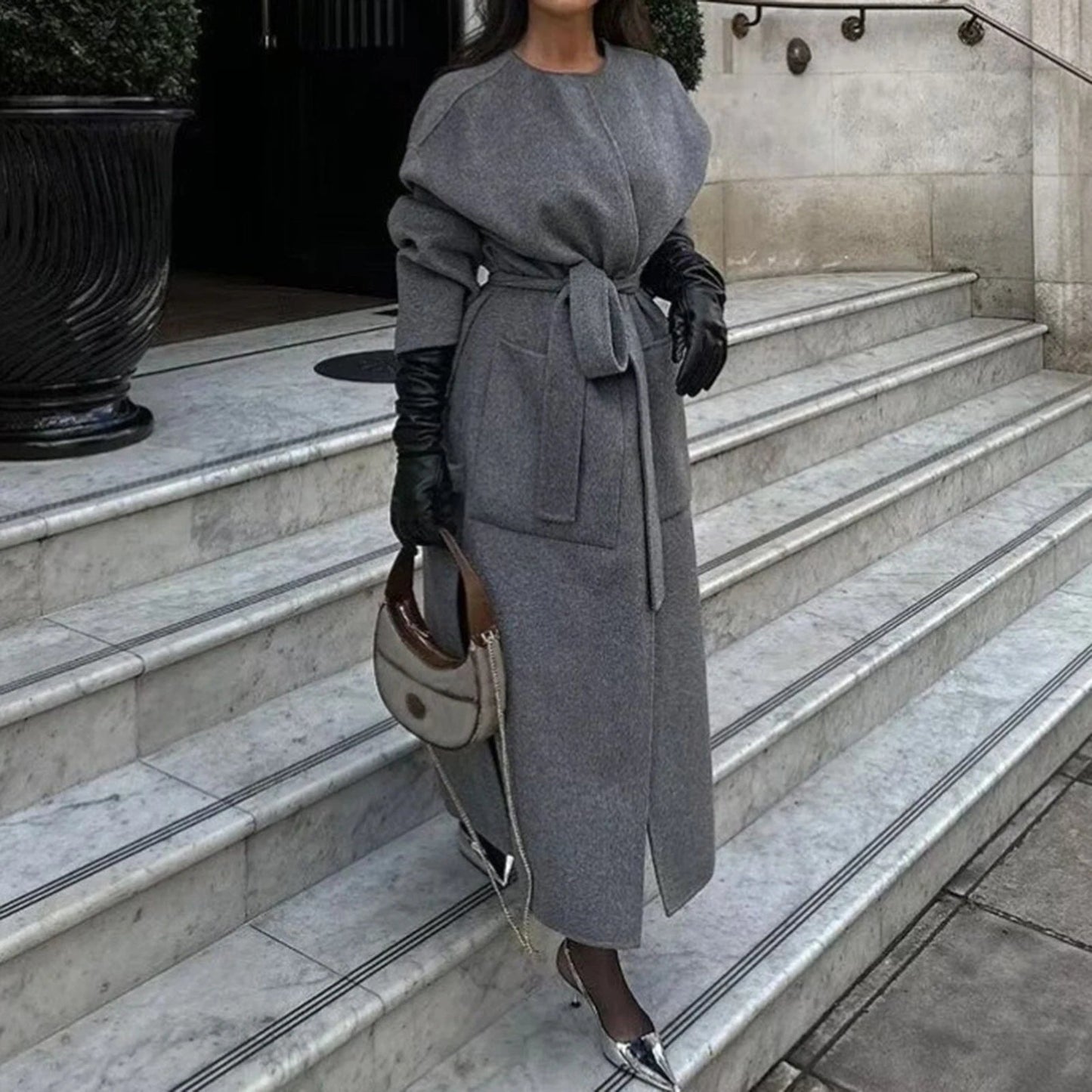 Grey Wool Blend Belted Coat | same ANTHEM®