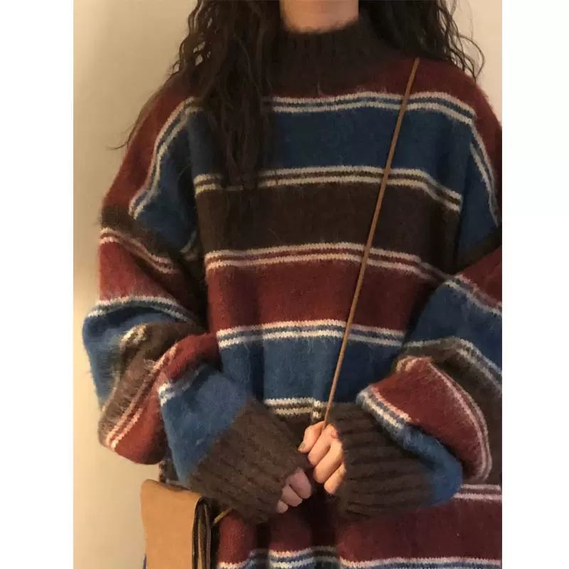 Harajuku Striped Pullover Women | Japanese Grunge Sweater | same ANTHEM. - Coffee / S