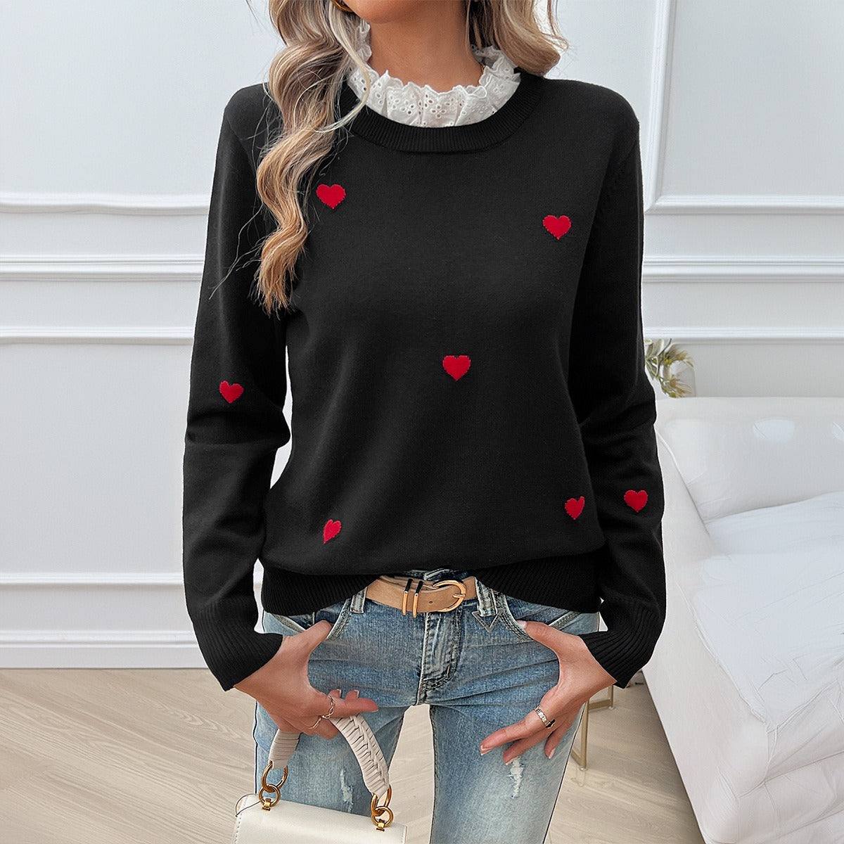Heart Embroidery Sweater – same ANTHEM | Dreamy French Chic Soulmate Knit - Black / S