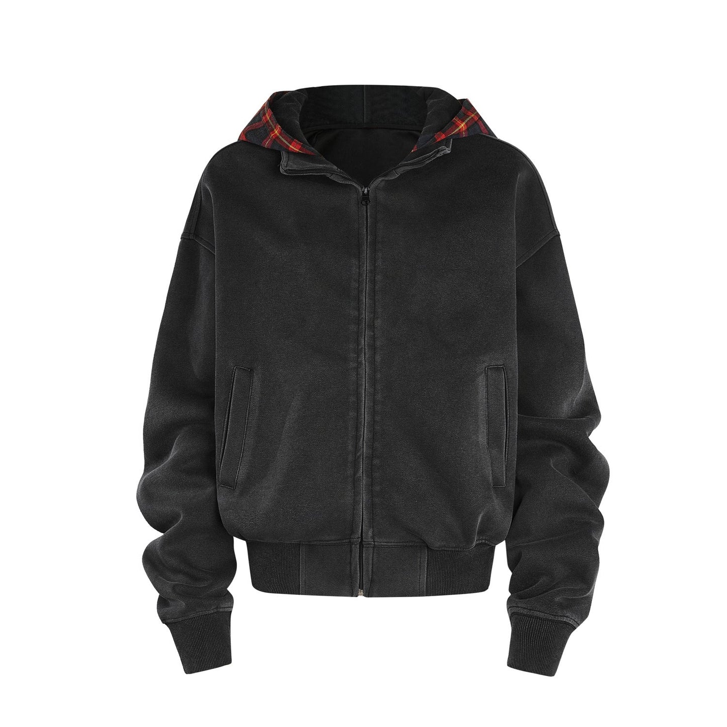 Heavyweight Vintage Plaid Zip-Up Hoodie | Men’s Streetwear Sweatshirt | same ANTHEM. - 240959-Black / M