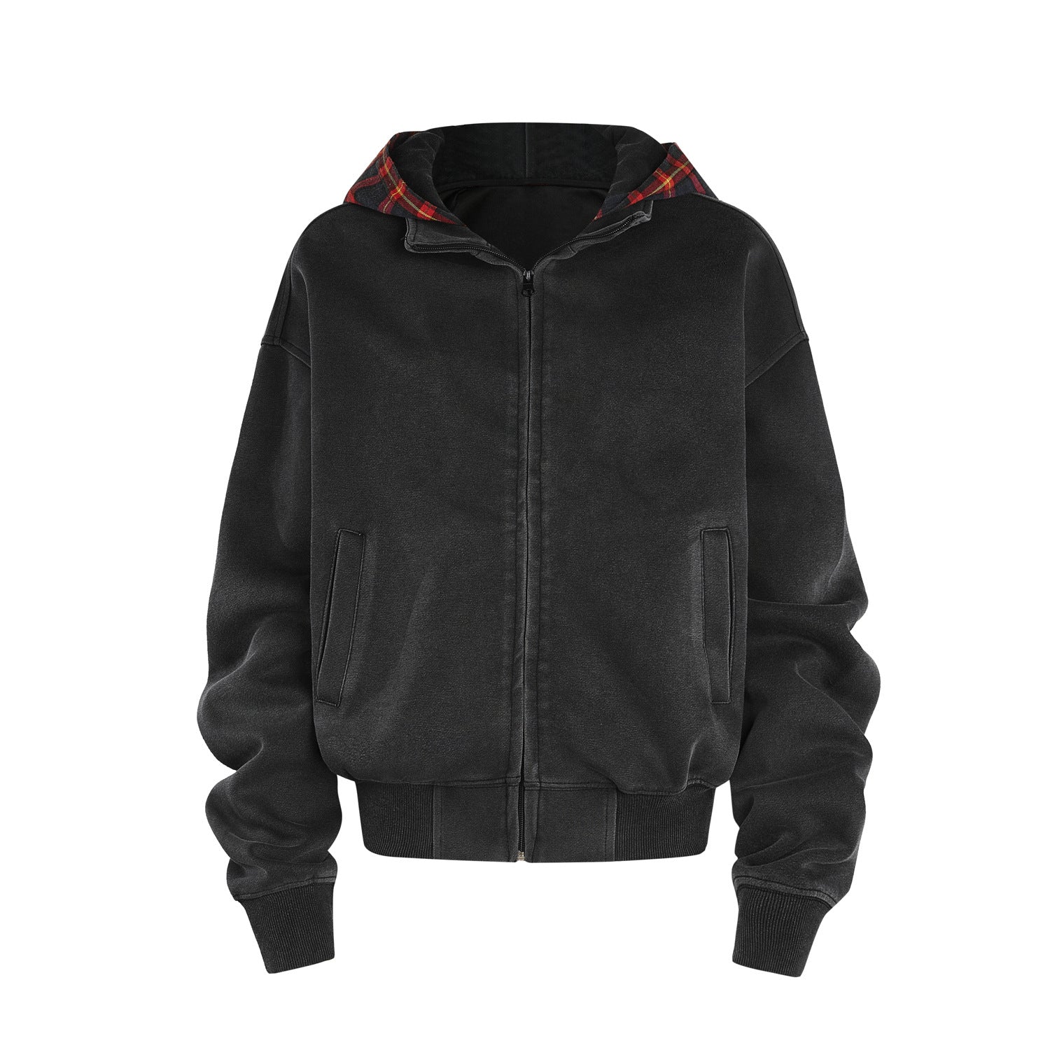 Heavyweight Vintage Plaid Zip-Up Hoodie | Men’s Streetwear Sweatshirt | same ANTHEM. - 240959-Black / M