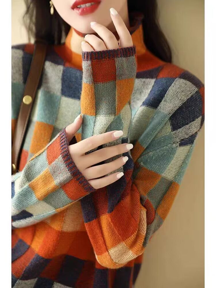 High Neck Plaid Sweater Women | Autumn & Winter Cozy Top | same ANTHEM. - Picture Color / S