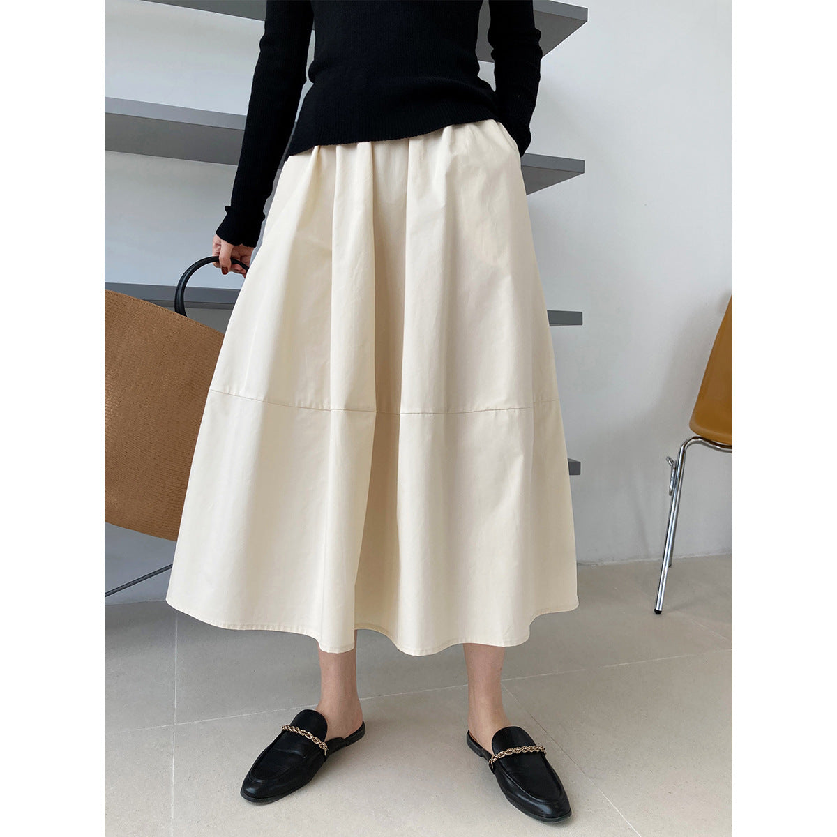 High Waisted Fluffy A-Line Skirt | Mid Length Swing Umbrella Skirt | same ANTHEM - Cream apricot / M