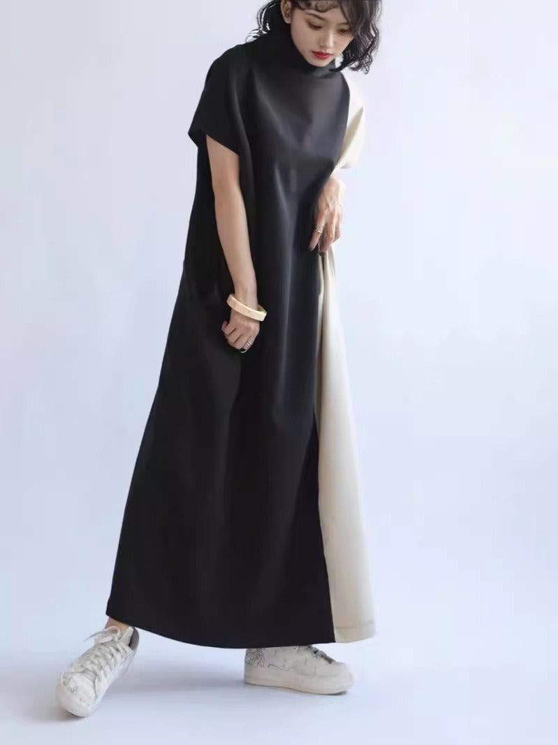 Japanese Half Turtleneck Patchwork Long Dress – Soulmate Streetwear | same ANTHEM - Black / One size