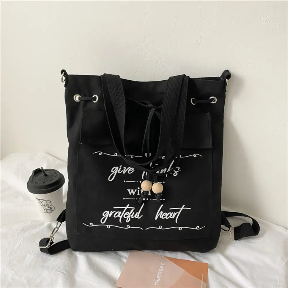 Japanese Style Canvas Drawstring Backpack & Shoulder Bag | same ANTHEM - Black