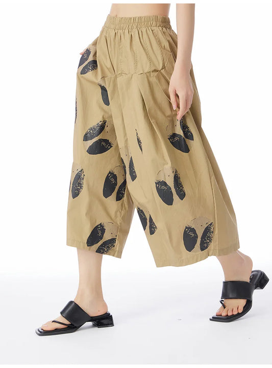 Korean Casual Print Pleated Calf-Length Pants – dreamy chic streetwear | same ANTHEM. - khaki / One Size