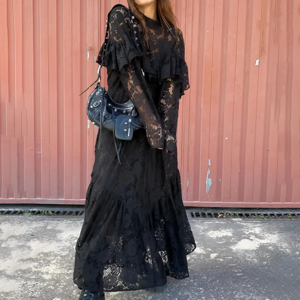 Lace Pattern Hollow OutRound-Neck Long-Sleeved Dress | Darc Arcade Chic & French Mystic | same ANTHEM