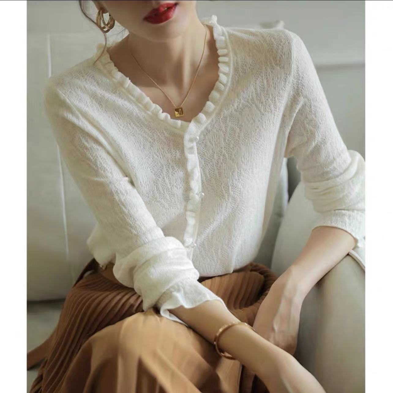 Lace V-Neck Hollow Sweater – Romantic Light Knit | same ANTHEM - White / L - Top
