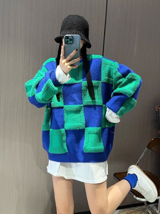 Lazy Knit Soulmate Sweater – same ANTHEM. - Blue green grid / one size
