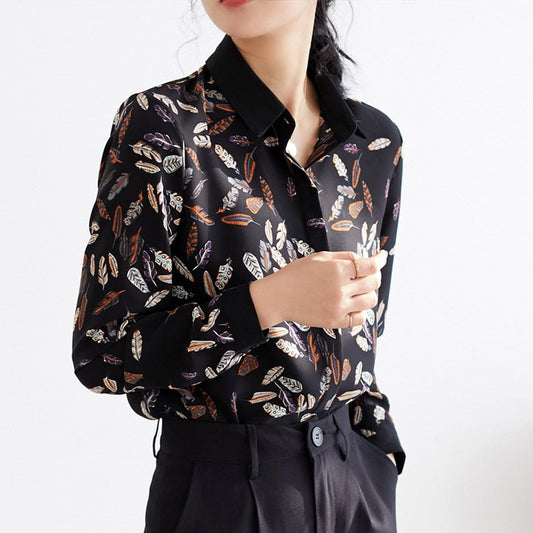 Leaf Print Chiffon Blouse – Loose Fit Office Lady Top | same ANTHEM