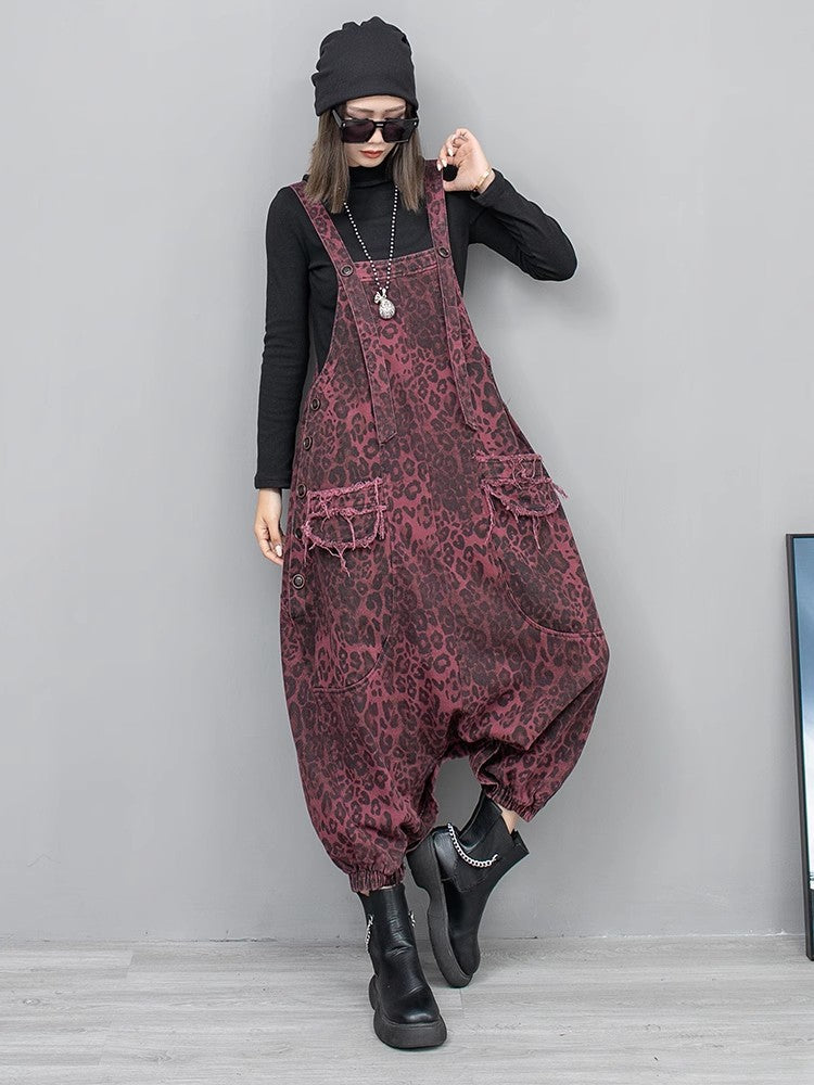 Leopard Print Denim Overalls for Women | same ANTHEM Streetwear Chic - Purple leopard print / One size