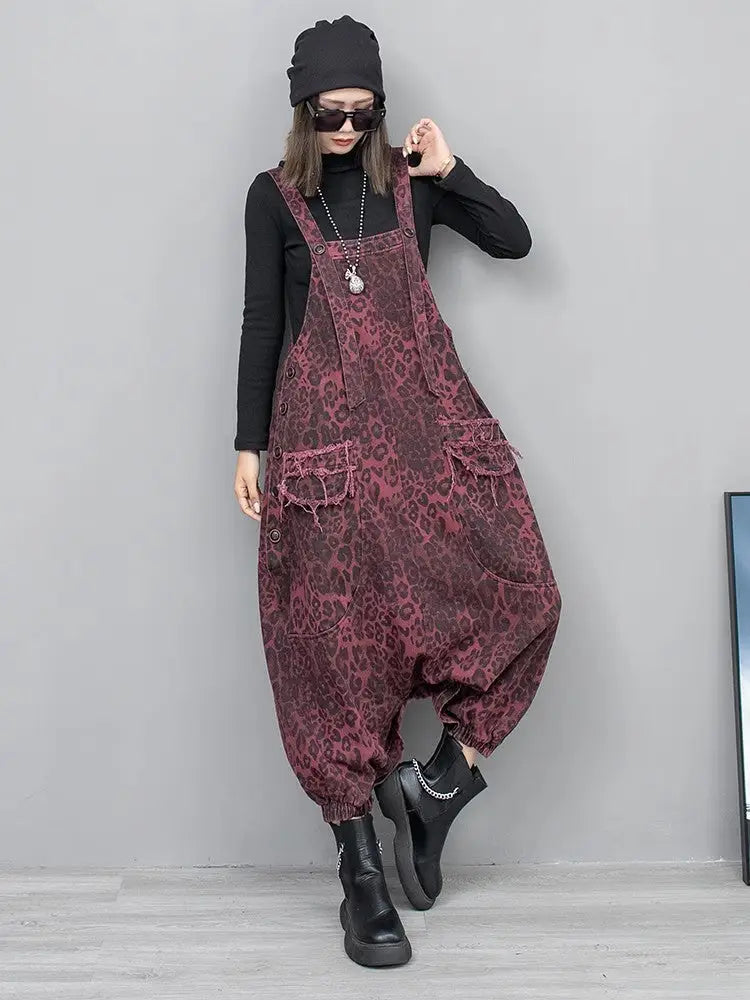 Leopard Print Denim Overalls for Women | same ANTHEM Streetwear Chic - Purple leopard print / One size