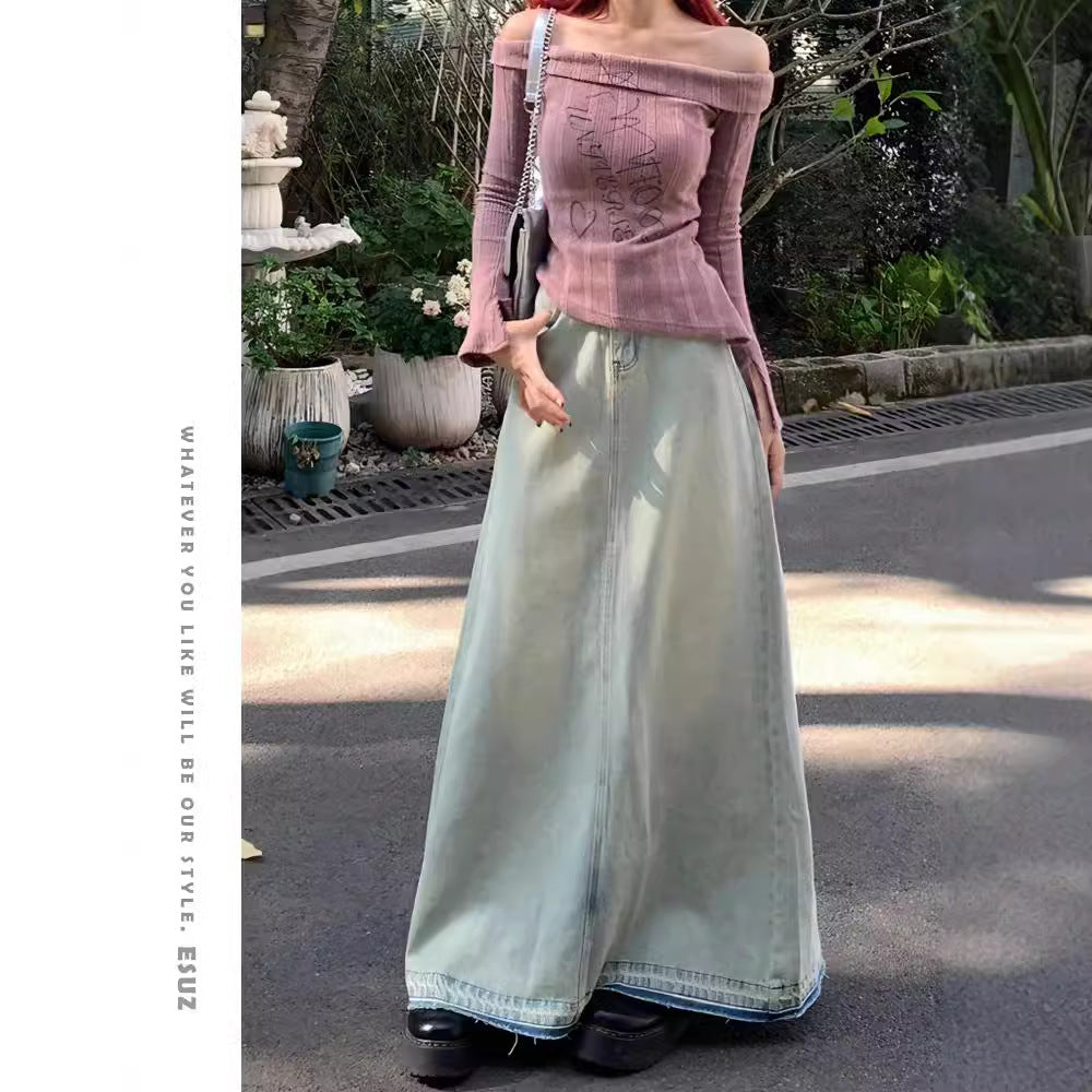 Light Color Retro Washed Denim Skirt | Lover’s Denim Long Skirt for Friends & Soulmates | same ANTHEM