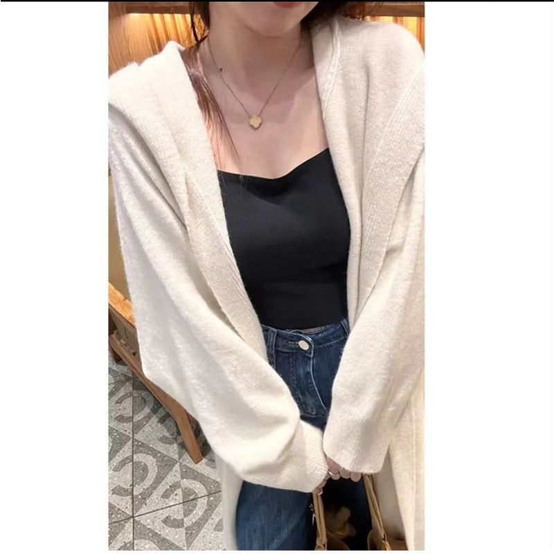 Korean Style Idle Style Hooded Long Below The Knee Knitted Cardigan For Women - Bag