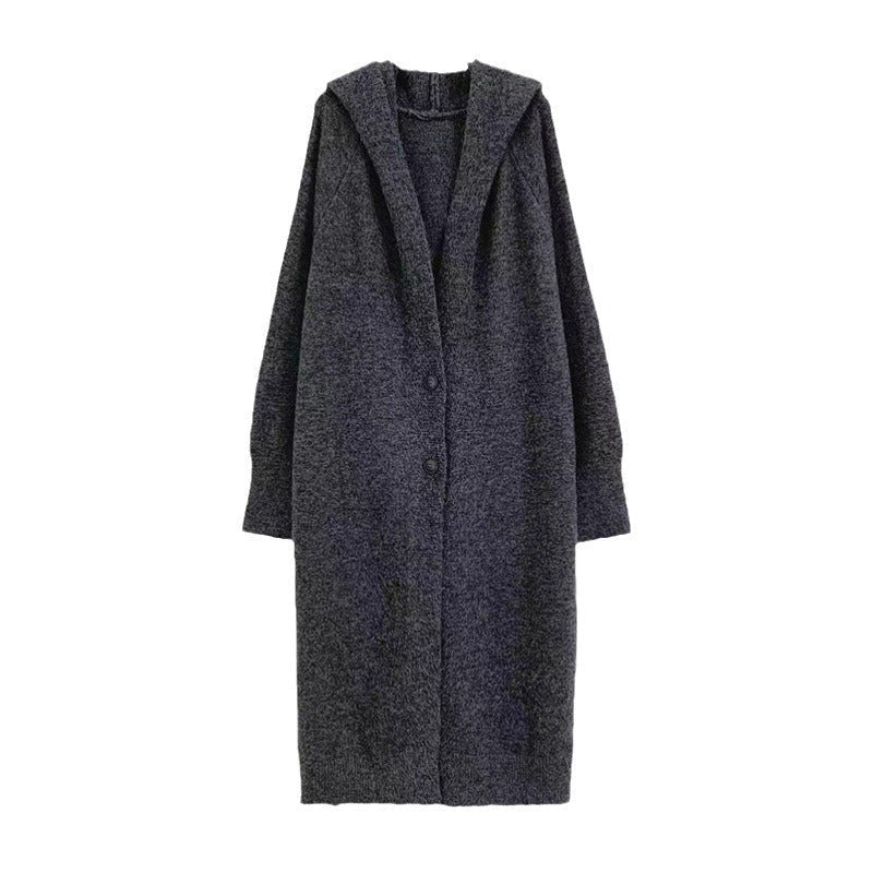 Korean Style Idle Style Hooded Long Below The Knee Knitted Cardigan For Women - Bag