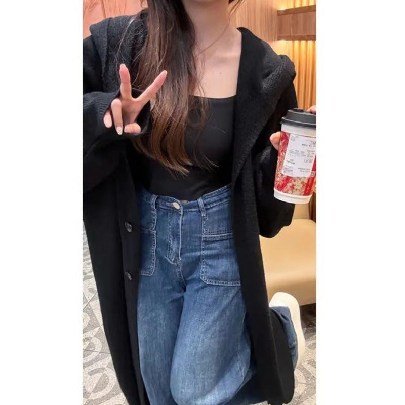 Korean Style Idle Style Hooded Long Below The Knee Knitted Cardigan For Women - Bag