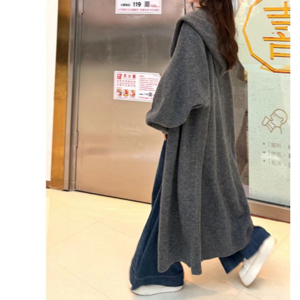 Korean Style Idle Style Hooded Long Below The Knee Knitted Cardigan For Women - Bag