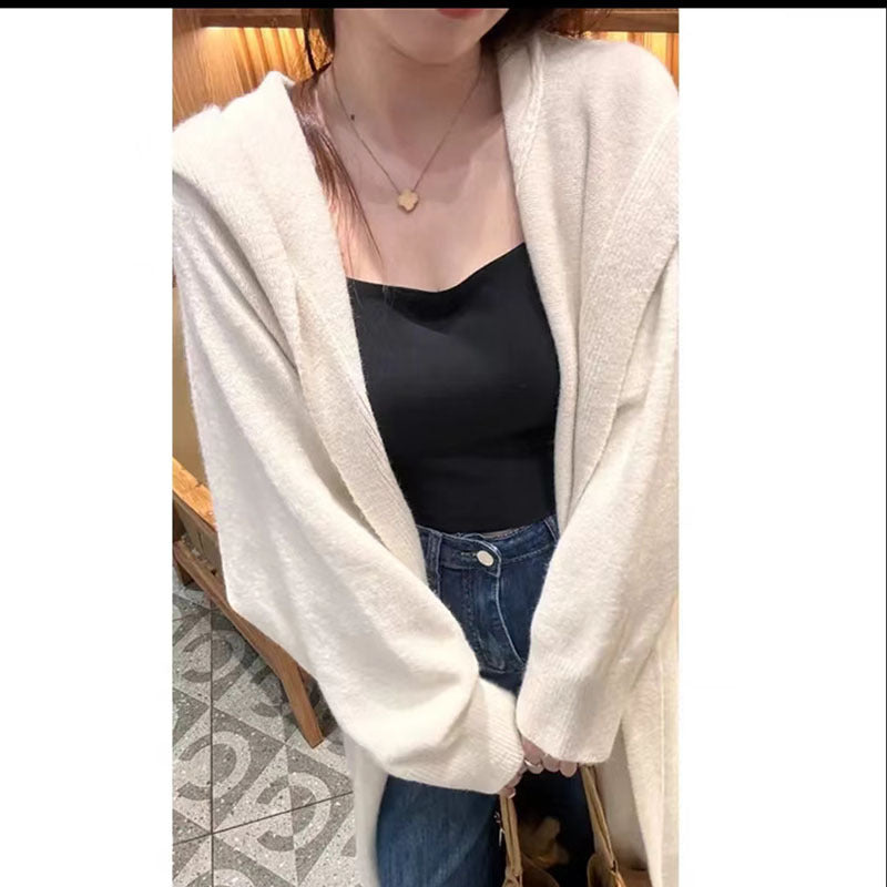 Korean Style Idle Style Hooded Long Below The Knee Knitted Cardigan For Women - Beige / Free Size Thickened - Bag