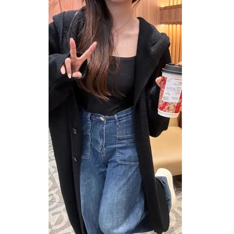 Korean Style Idle Style Hooded Long Below The Knee Knitted Cardigan For Women - Black / Free Size Thickened - Bag