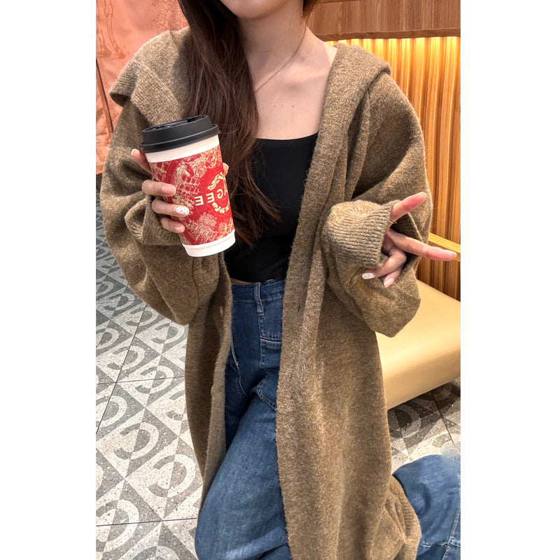 Korean Style Idle Style Hooded Long Below The Knee Knitted Cardigan For Women - Brown / Free Size Thickened - Bag