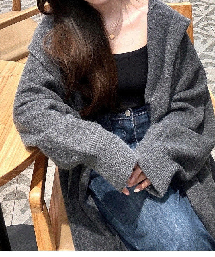 Korean Style Idle Style Hooded Long Below The Knee Knitted Cardigan For Women - Dark Gray / Free Size Thickened - Bag