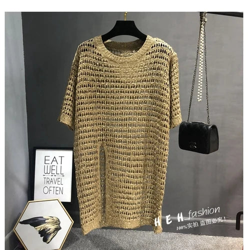 Long Sequins Knit Hollow Top – dreamy chic streetwear | same ANTHEM. - Khaki / One Size