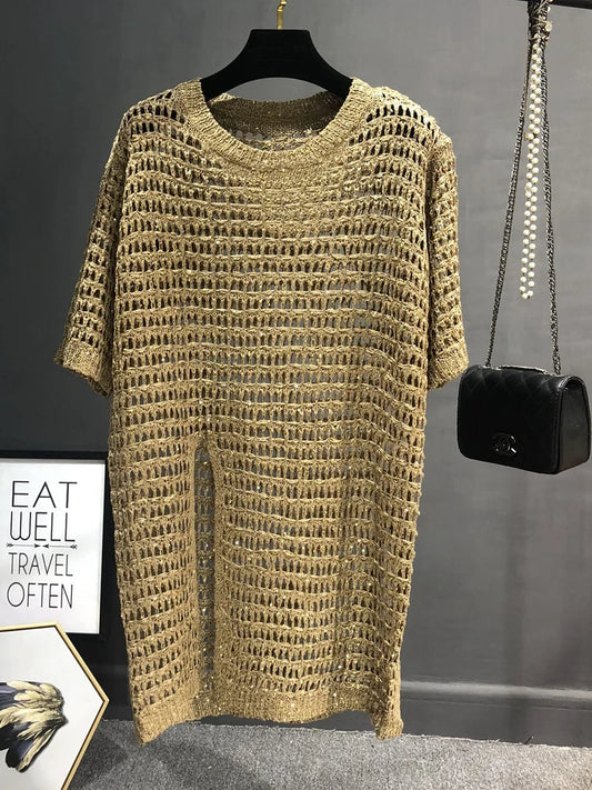 Long Sequins Knit Hollow Top – dreamy chic streetwear | same ANTHEM.