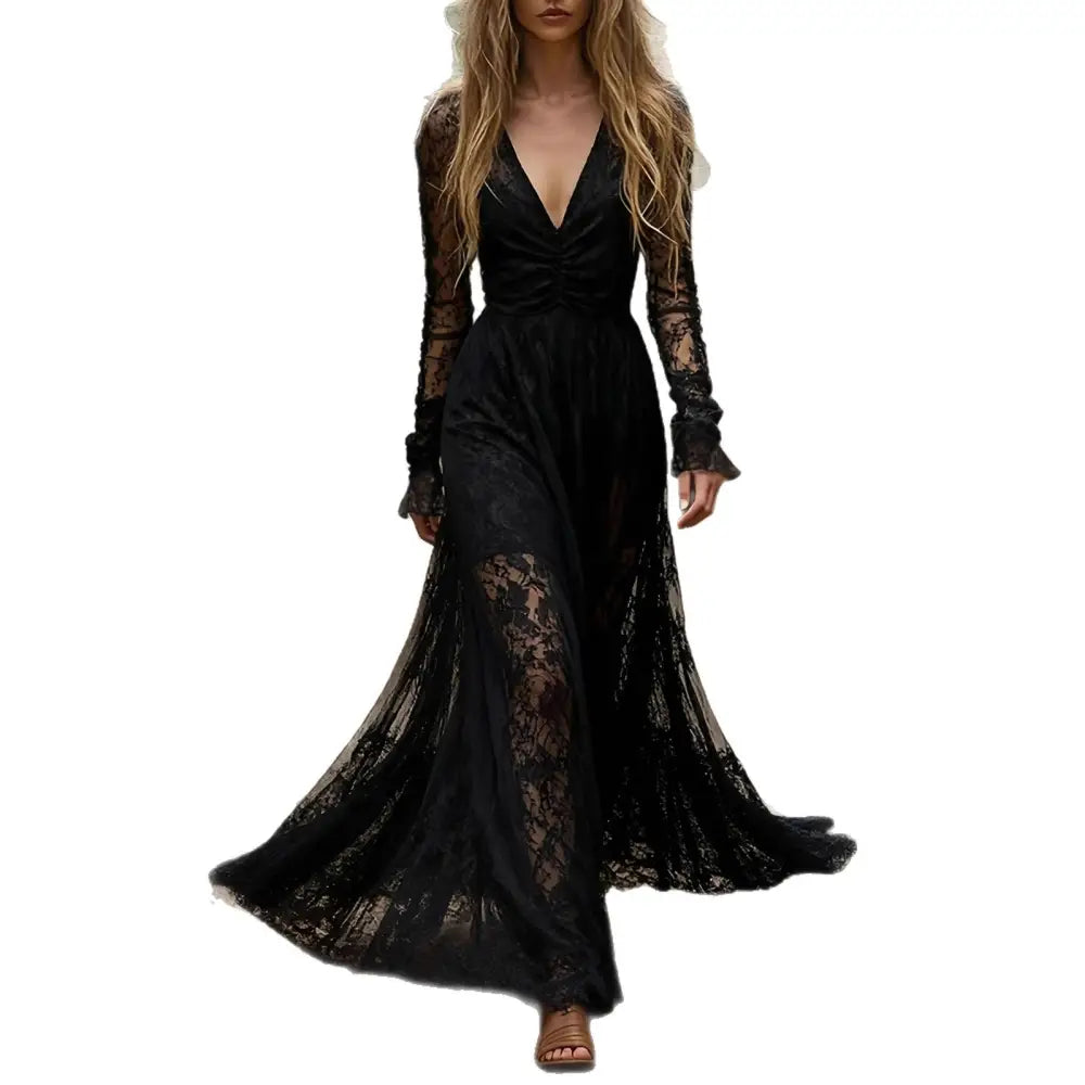 Stylish Long-sleeve V-neck Patchwork Maxi Dress - Dress