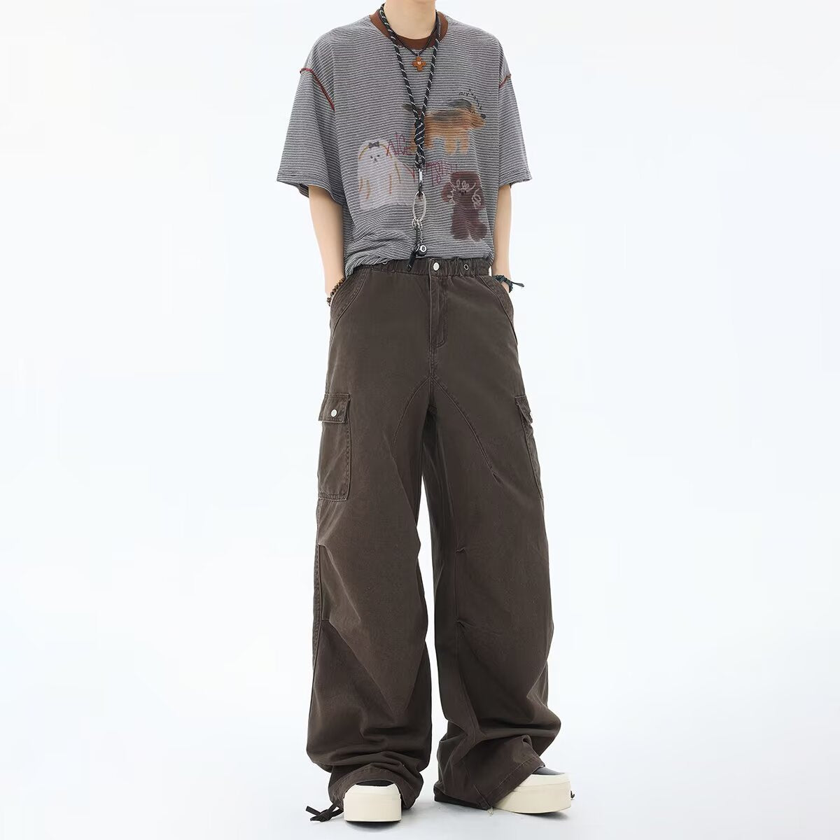 Loose Denim Multi-Pocket Straight Leg Pants | same ANTHEM. - Brown / XS