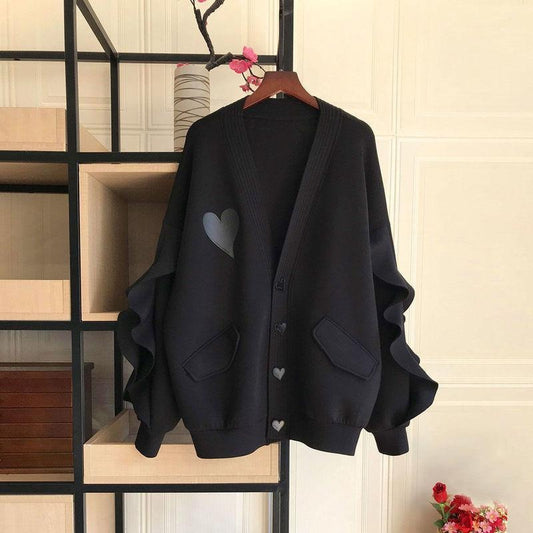 Loose Ruffled Bat Sleeve Cardigan – dreamy soulmate streetwear | same ANTHEM. - black / L