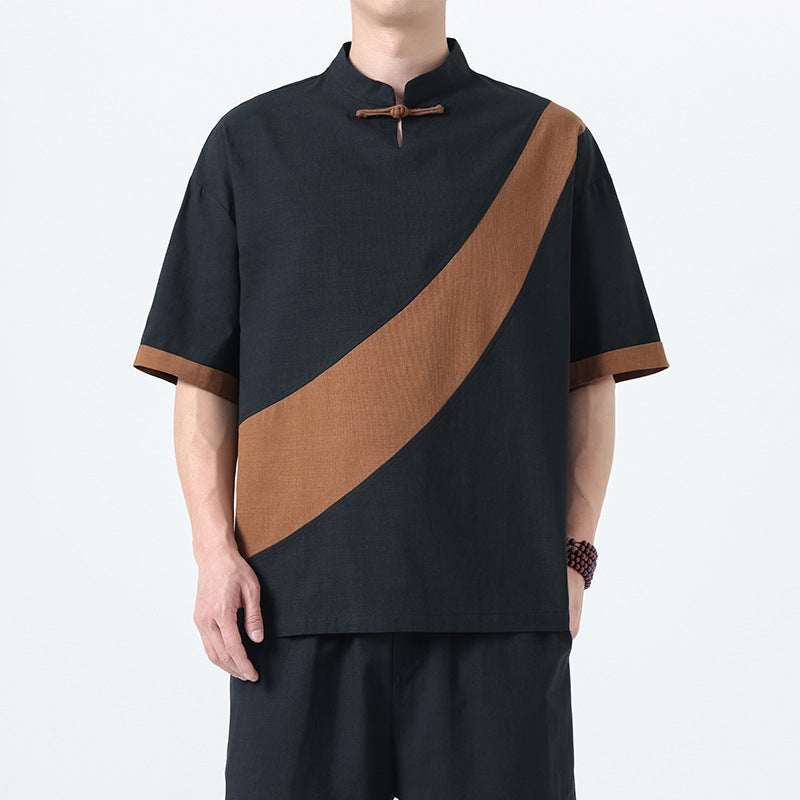 Men’s Cotton Linen Tang Suit T-Shirt – Loose Streetwear Style | same ANTHEM - Dark Brown / M