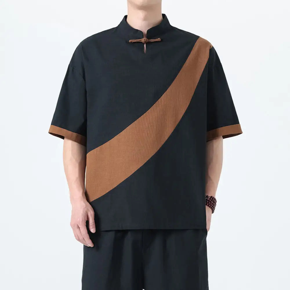 Men’s Cotton Linen Tang Suit T-Shirt – Loose Streetwear Style | same ANTHEM - Dark Brown / M