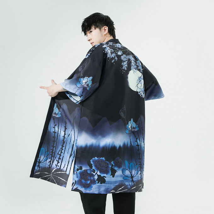 Men’s Crane Print Hanfu Cardigan | Japanese-Inspired Summer Cloak | same ANTHEM. - K207 black / M