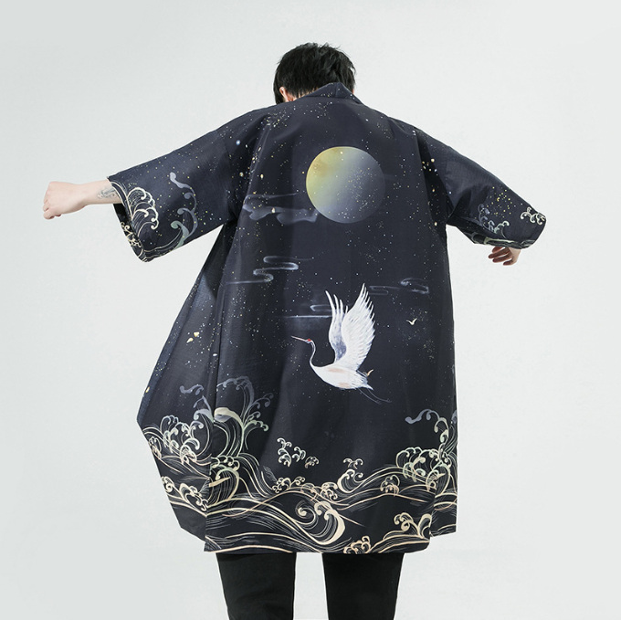 Men’s Crane Print Hanfu Cardigan | Japanese-Inspired Summer Cloak | same ANTHEM. - K208 black / M