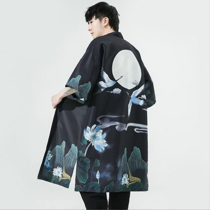 Men’s Crane Print Hanfu Cardigan | Japanese-Inspired Summer Cloak | same ANTHEM.