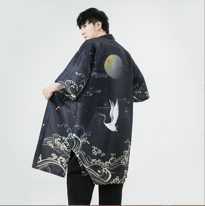 Men’s Crane Print Hanfu Cardigan | Japanese-Inspired Summer Cloak | same ANTHEM. - K206 black / M