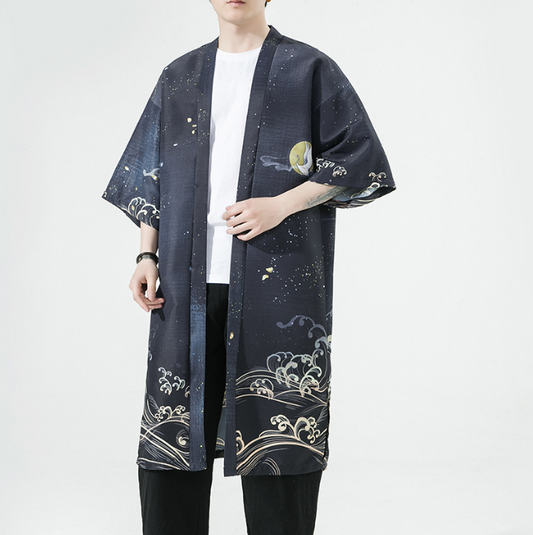 Men’s Crane Print Hanfu Cardigan | Japanese-Inspired Summer Cloak | same ANTHEM.