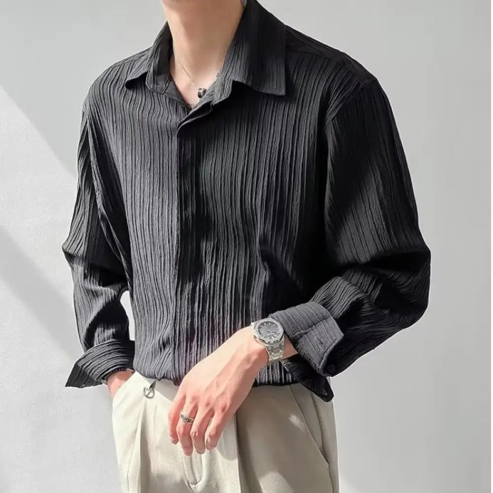 Men’s Long Sleeve Loose Striped Shirt | Casual Cool Everyday | same ANTHEM - Black / 2XL