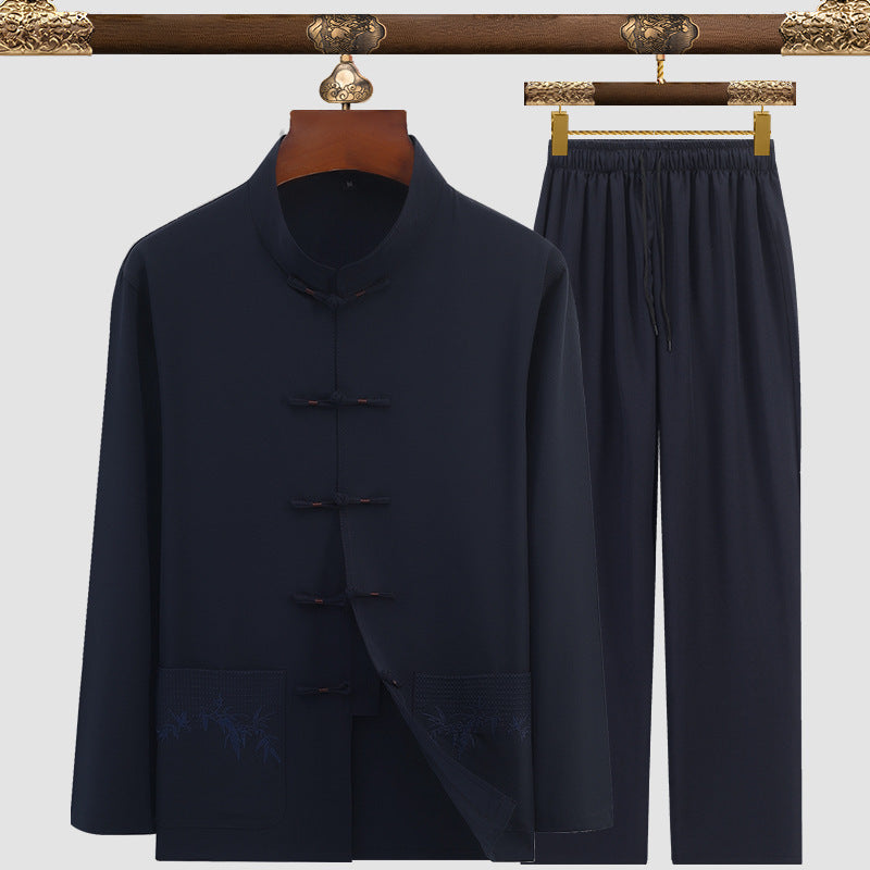 Men’s Tang Suit Set – Modern Chinese Style Summer Suit | same ANTHEM - 3106 Bamboo Leaves Navy Blue / 3XL