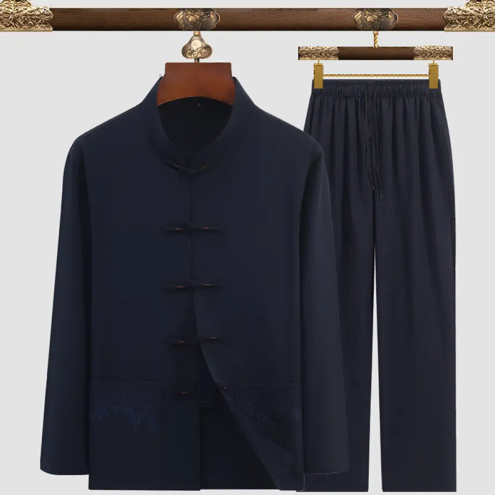 Men’s Tang Suit Set – Modern Chinese Style Summer Suit | same ANTHEM - 3106 Bamboo Leaves Navy Blue / 3XL
